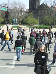 "Scramble" signal light timing-all traffic stopped at once so pedistrians can cross diagonally - at University of Illinois campus in Urbana, IL